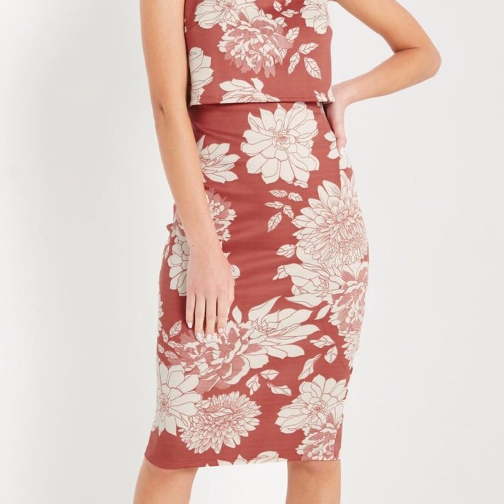 Rust Floral Split Back Bodycon Dress